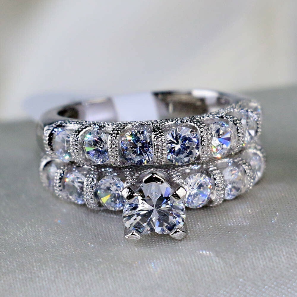 Silver heart engagement wedding ring & band 925